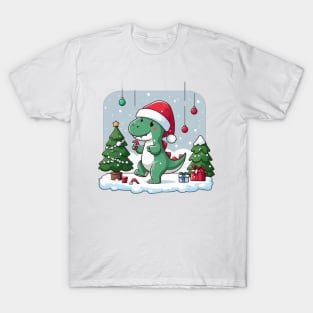 Cute Dino Santa Hat Xmas Cartoon Christmas Dinosaur T-Shirt